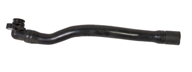 Black plastic hose of the car engine cooling system on a white isolated background in a photo studio for replacement during repair or for a catalog of spare parts for sale on auto disassembly.