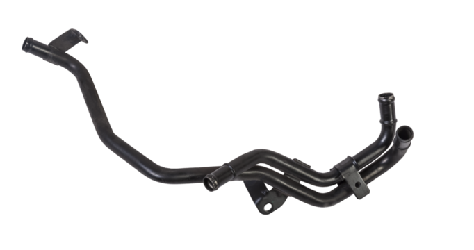 Black metall hose of the car engine cooling system on a white isolated background in a photo studio for replacement during repair or for a catalog of spare parts for sale on auto disassembly.