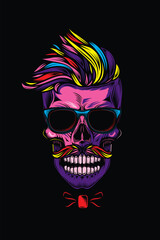 Original vector illustration in vintage style. A hipster skull with a trendy hairstyle, mustache and glasses. T-shirt design, design element.