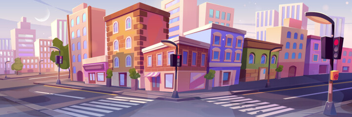 City street corner with buildings and traffic lights. Vector cartoon illustration of empty crossroads, urban old and modern houses, shops, restaurants, green trees on sidewalk. Downtown neighborhood © klyaksun