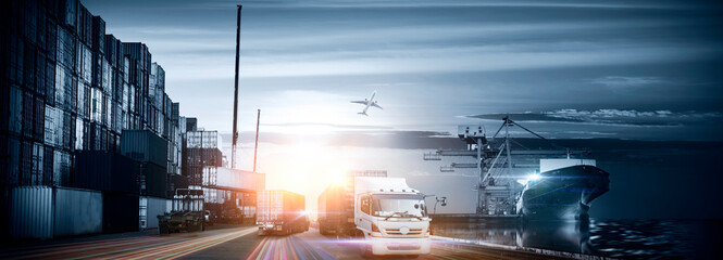Industrial Container Cargo freight ship, Container loading in a Cargo freight ship with industrial...