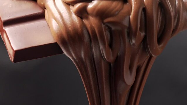 close up of chocolate liquid  flow slow motion.cocoa ingredient.tasty chocolate.chocolate black isolated.