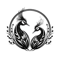 Obraz premium two peacocks black and white 2D minimalist luxury logo vector logo on transparent background PNG Generative AI
