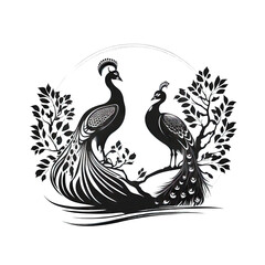 Fototapeta na wymiar two peacocks black and white 2D minimalist luxury logo vector logo on transparent background PNG Generative AI