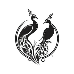 Fototapeta premium two peacocks black and white 2D minimalist luxury logo vector logo on transparent background PNG Generative AI