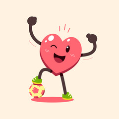 Cartoon healthy heart character with football for design.