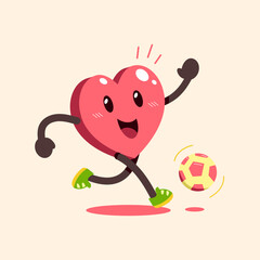 Cartoon healthy heart character playing football for design.