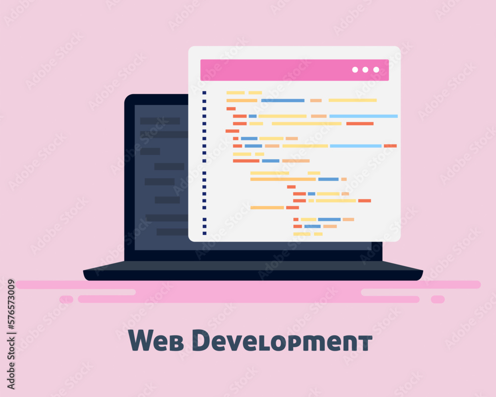 Poster create your own website, laptop screen with codes wed development concept.