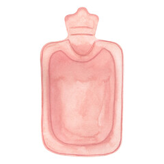 Pink Hot Water Bottle, pain relief, hot and cold therapy. Hand drawn watercolor illustration isolated white background.