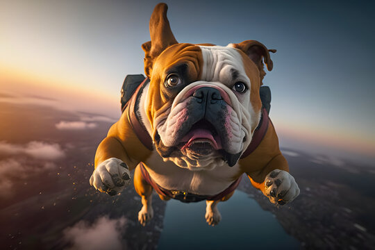 Athletes bulldog dog frightened muzzle skydivers in purple suit jump from an airplane falling in free fall above the ground and clouds. Generative AI