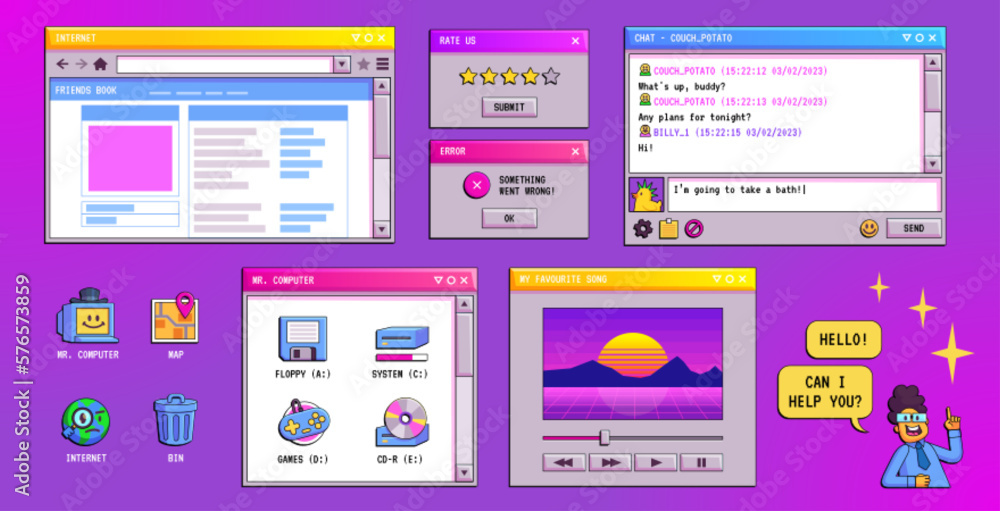 Poster retro computer screen interface in 90s graphic style. digital graphic interface of desktop pc with w