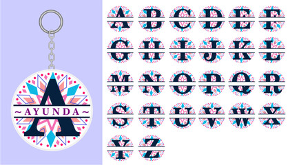  Round Split Alphabet Monogram Letters Set A-Z  Graphic Vector, Round Keychain Designs Vector 