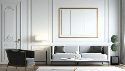 Naklejka na ściany i meble Modern living room. Poster frame on the wall of the living room. room with sofa and lcd tv. Photo Frame Mockup Luxurious apartment background. 3D Modern interior design. AI-Generated