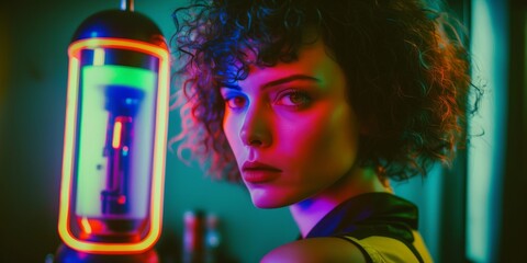 Brunette curly hair girl in neon room