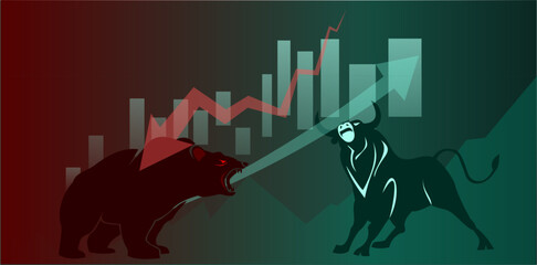 Concept art of Bullish and Bearish suitable for Stock Marketing or Financial Investment, Bullish and bearish symbols. Stock market trends. Bulls and bears traders on a stock market
