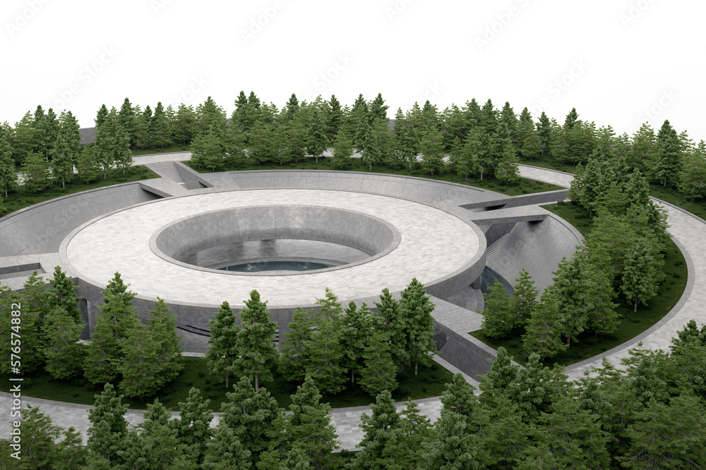 Poster sunken circle plaza with meadow and tree in top view. 3d rendering of abstract space white backgroun