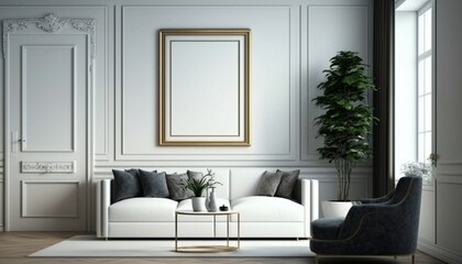 Fototapeta na wymiar Modern living room. Poster frame on the wall of the living room. room with sofa and lcd tv. Photo Frame Mockup Luxurious apartment background. 3D Modern interior design. AI-Generated