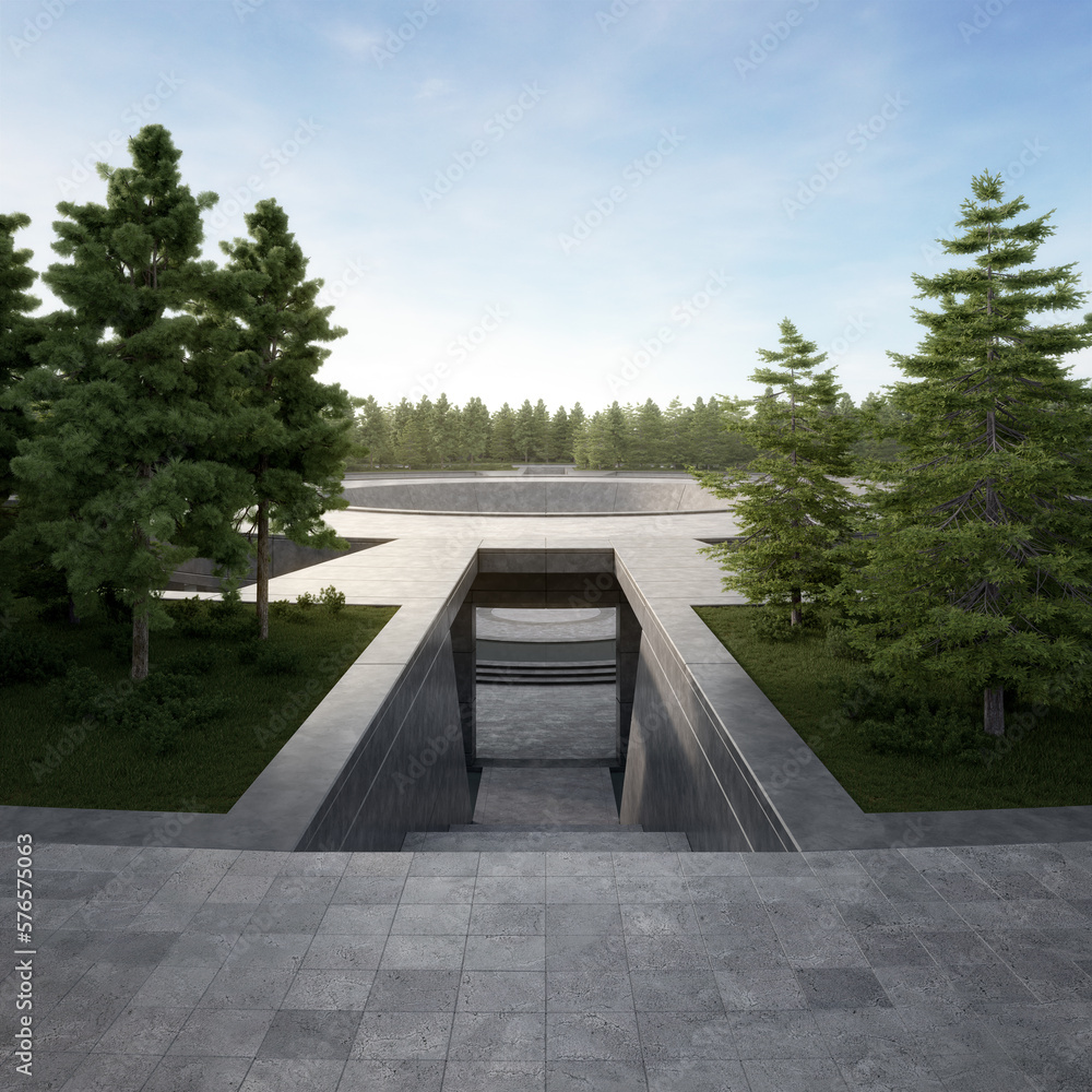 Poster empty curved concrete path with meadow and tree. 3d rendering of abstract space with sky background.