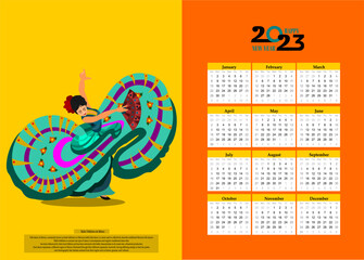 Calendar 2023 with Mexican traditional dancers. Calendar grid, monday first. Banner in mexican style.