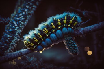 caterpillar on a branch in the night - obrazy, fototapety, plakaty