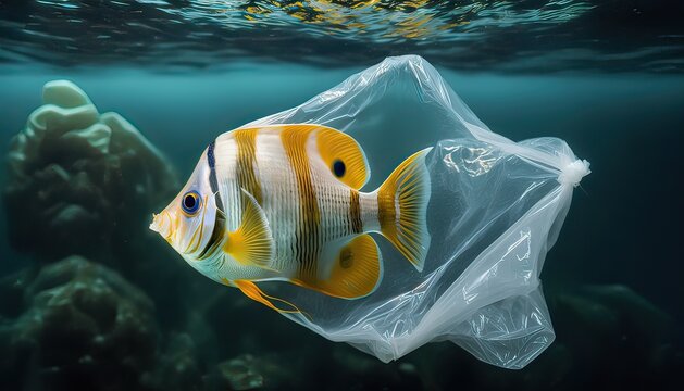 Butterfly fish swimming inside a plastic bag in the sea. Photo generative IA