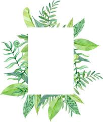 Hand Drawn Green Watercolor Frame of Cute Tropical Leaves