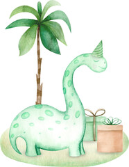 Watercolor Illustration Cute Baby Dinosaur On Birthday Party