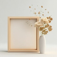 Mockup Wooden Frame with a flower in a vase. Wooden Frame. Generative AI