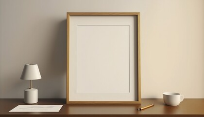 Mockup Frame on a wooden desk/table. Wooden Frame. Generative AI