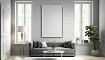 Obraz na płótnie Canvas Modern living room. Poster frame on the wall of the living room. room with sofa and lcd tv. Photo Frame Mockup Luxurious apartment background. 3D Modern interior design. AI-Generated