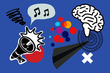Art collage with megaphone and brain. Modern abstract design vector