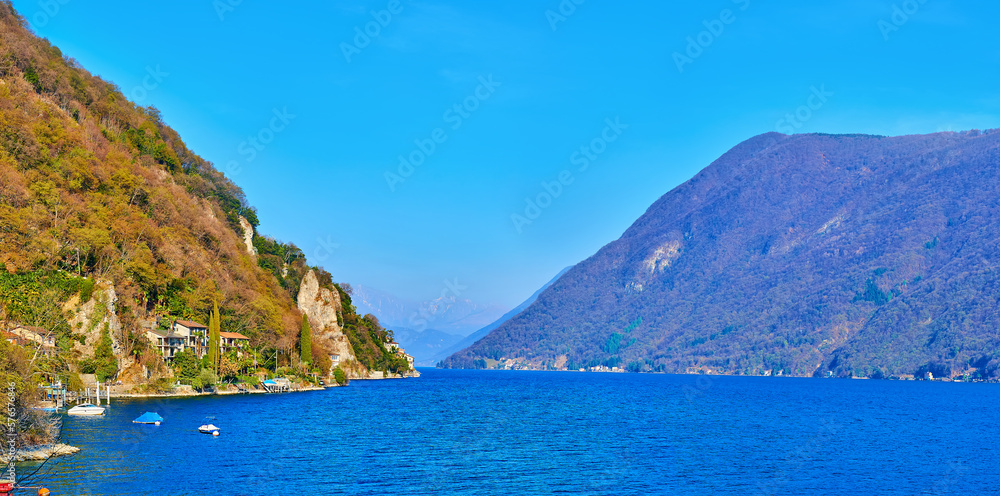 Wall mural Lake Lugano panorama, Gandria Olive Path, Switzerland