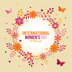 International Women Day Floral wreath concept Background. March 08 colorful celebration poster. Square banner vector illustration. Website header, social media post, greeting card graphic resource