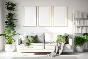 Vertical frame mockup with a great decor, plants.... For home interior,room decor.living room decor, On a white wall background. Generative AI