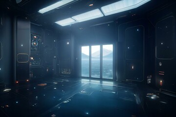 Obraz na płótnie Canvas Spaceship room interior, space view from spacecraft, generative AI