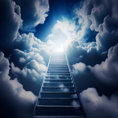 Stairway to heaven and sun shone bright white light.Stairs in sky and white clouds.Concept religion background.Life after death, religious beliefs based on biblical doctrines. - obrazy, fototapety, plakaty