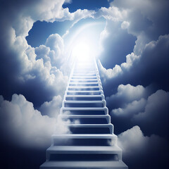 Stairway to heaven and sun shone bright white light.Stairs in sky and white clouds.Concept religion background.Life after death, religious beliefs based on biblical doctrines.