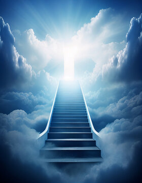 Stairway to heaven and sun shone bright white light.Stairs in sky and white clouds.Life after death, religious beliefs based on biblical doctrines.