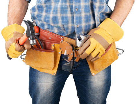 Male worker with tool belt isolated on white  background