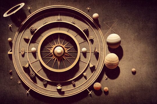 Ancient astronomical instruments on vintage paper background. Abstract old conceptual background on history, mysticism, astrology, science, etc. Generative AI