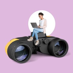 Planning concept, young smart woman on binoculars