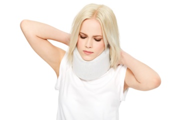 A woman with a neck brace having a whiplash injury after being injured by accident recovering with pain is having healthcare insurance for medical emergencies isolated on a png background.