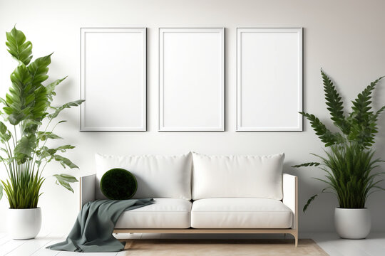 Vertical frame mockup with a great decor, plants.... For home interior,room decor.living room decor, On a white wall background. "Generative Ai"	
