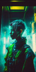 asian futuristic warrior in telephone cabin