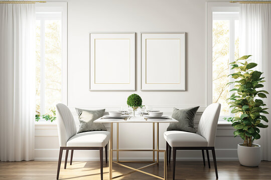 Two Vertical frame mockup with a great decor, plants....,For Dining room,restaurant.,home interior,room decor. On a white wall background. Generative AI	