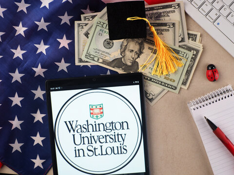 In this photo illustration, Washington University in St. Louis  logo seen displayed on a tablet.