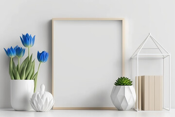 Vertical frame mockup with a great decor, plants....For home interior,room decor. On a white wall background. "Generative Ai" 