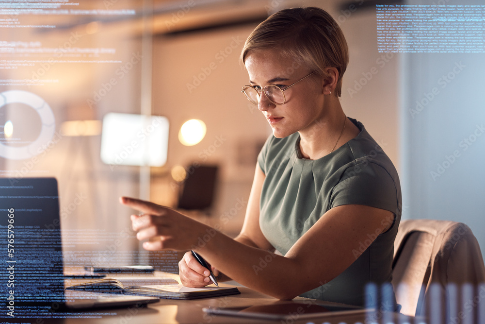 Leinwandbilder notebook writing, coding or interactive abstract for business woman in night office check for data a