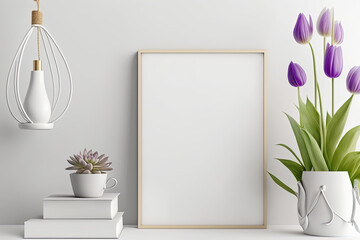 Vertical frame mockup with a great decor, plants.,purple tulip flower, For home interior,room decor. On a white wall background. Generative AI	