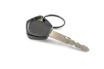 Black motorcycle keys with keychain isolated on white background with copy space and clipping path.